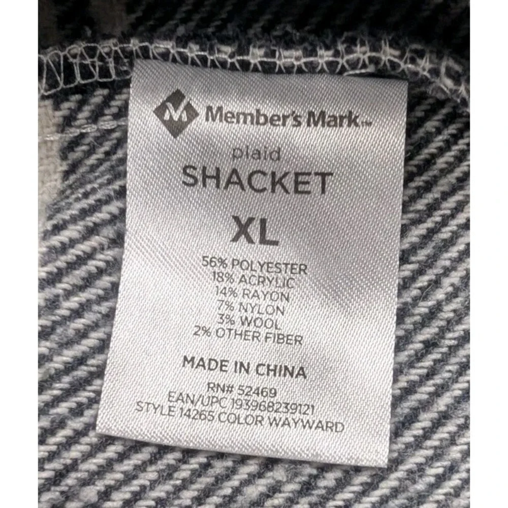 Members Mark Shacket Women's XL Chest Side Pockets Black White Plaid Button-Down